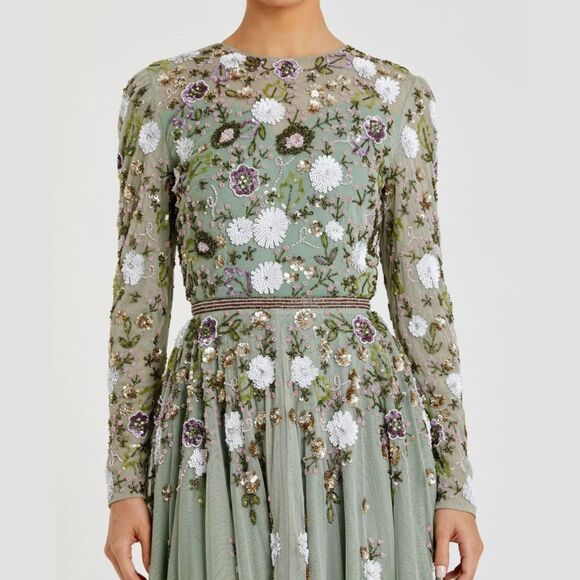 Mac Duggal 5716 Size 6 Sage Green Floral Beaded Long Sleeve High Neck Midi Dress - Picture 4 of 5
